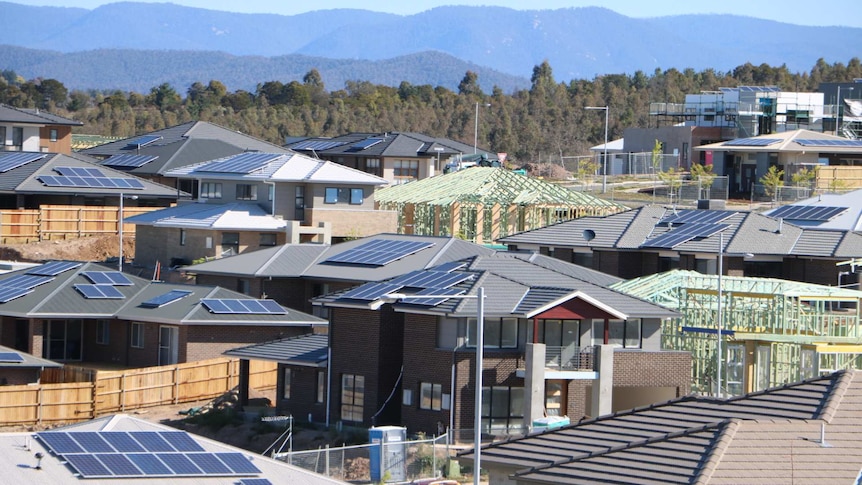 Hillside with new houses under construction at Denman Prospect in Canberra.