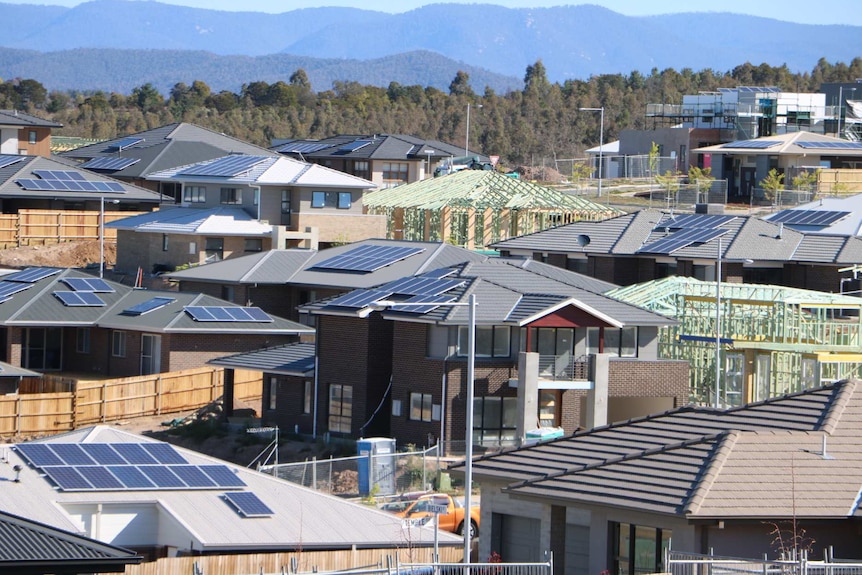 Hillside with new houses under construction at Denman Prospect in Canberra.