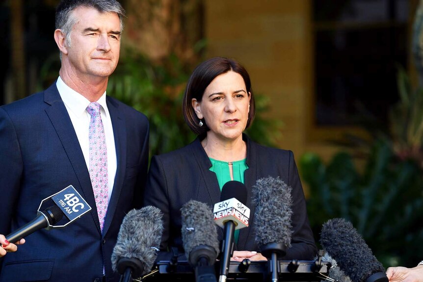 Queensland Opposition Leader Deb Frecklington and her Deputy Tim Manders at a press conference
