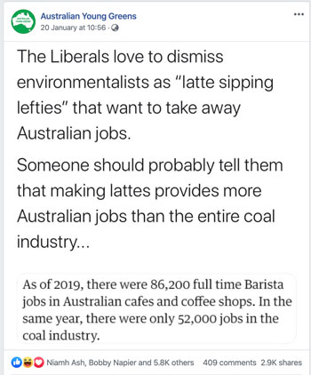 A post on the Young Greens' Facebook page, which claims that there are more full-time baristas than coal industry workers