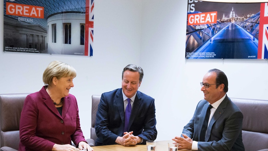 German chancellor Angela Merkel, British prime minister David Cameron and French president Francois Hollande