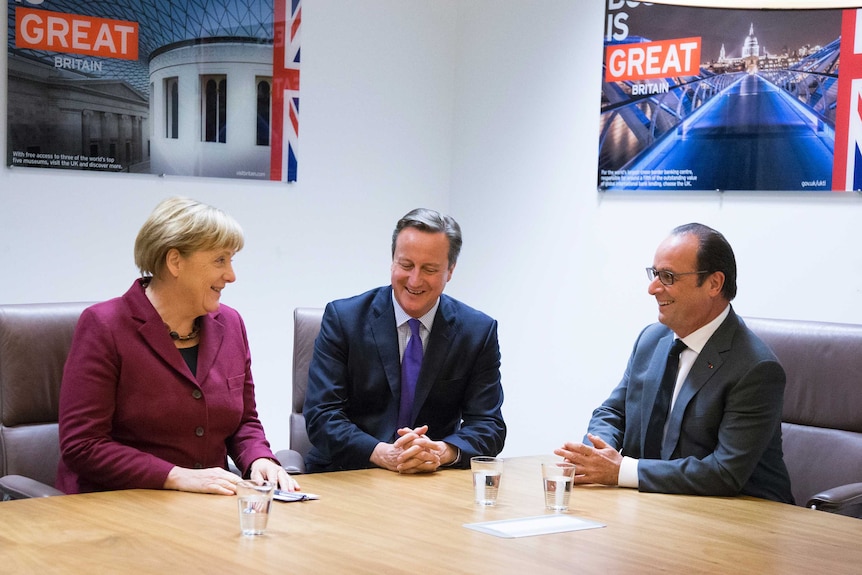 German chancellor Angela Merkel, British prime minister David Cameron and French president Francois Hollande