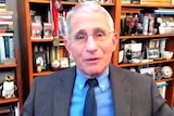 Dr Anthony Fauci in a webcam shot in front of shelves stacked with books, medals, photographs and a stuffed King Penguin toy.