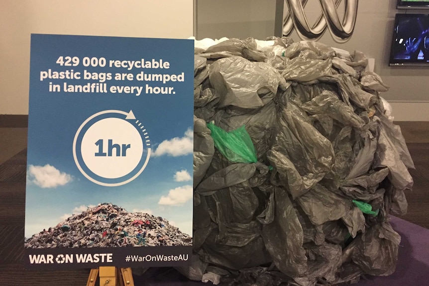 The giant plastic bag ball used in filming the War on Waste program on display at the ABC's Ultimo studios.