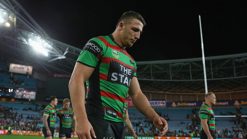 Sam Burgess trudges off after a loss to Manly
