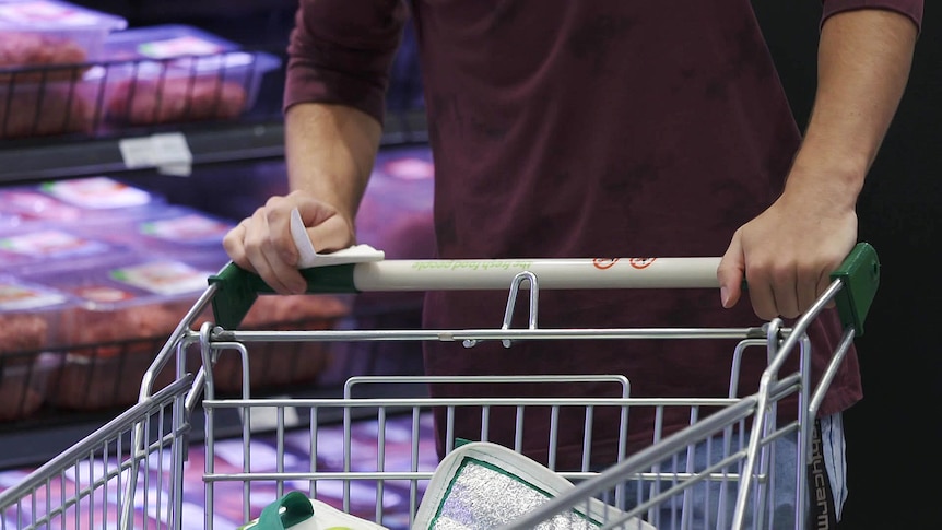 Hands on the handle of a supermarket trolley