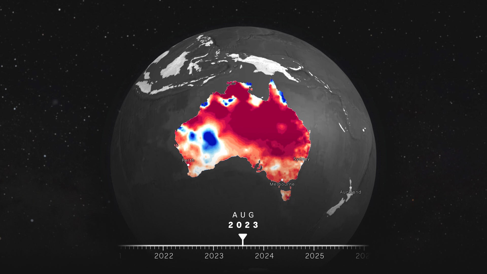 A globe centred on Australia showing rainfall anomaly patterns, mostly red to indicate dryness. A date indicates August 2023