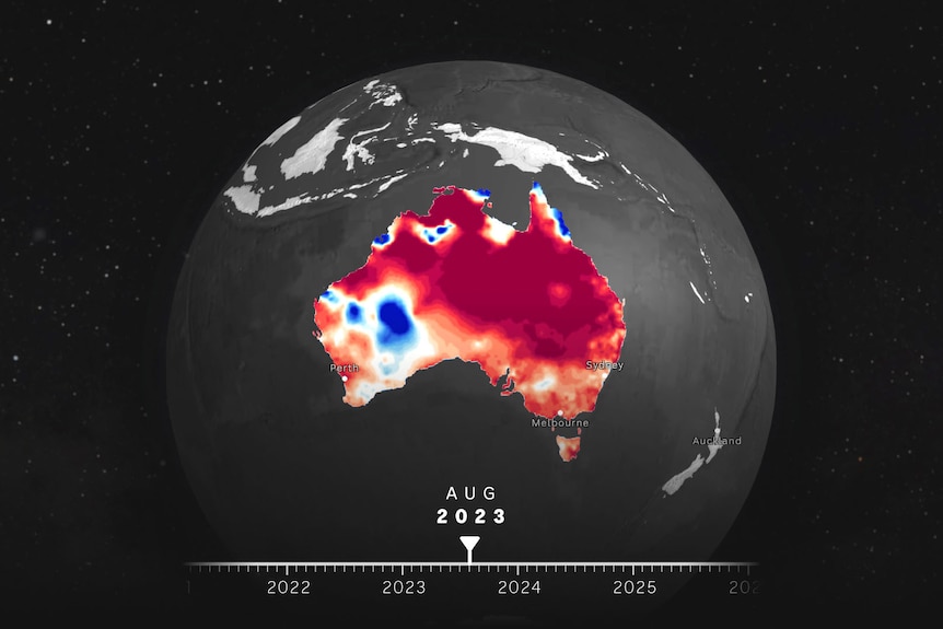 A globe centred on Australia showing rainfall anomaly patterns, mostly red to indicate dryness. A date indicates August 2023