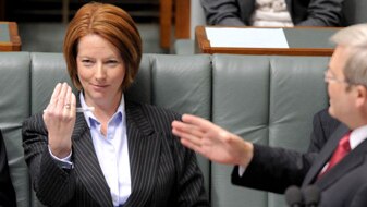 Gillard and Rudd 340 (AAP Image: Alan Porritt)