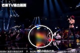 Screen capture of Mango TV's broadcast of Eurovision. The Chinese network blurred out rainbow flags.