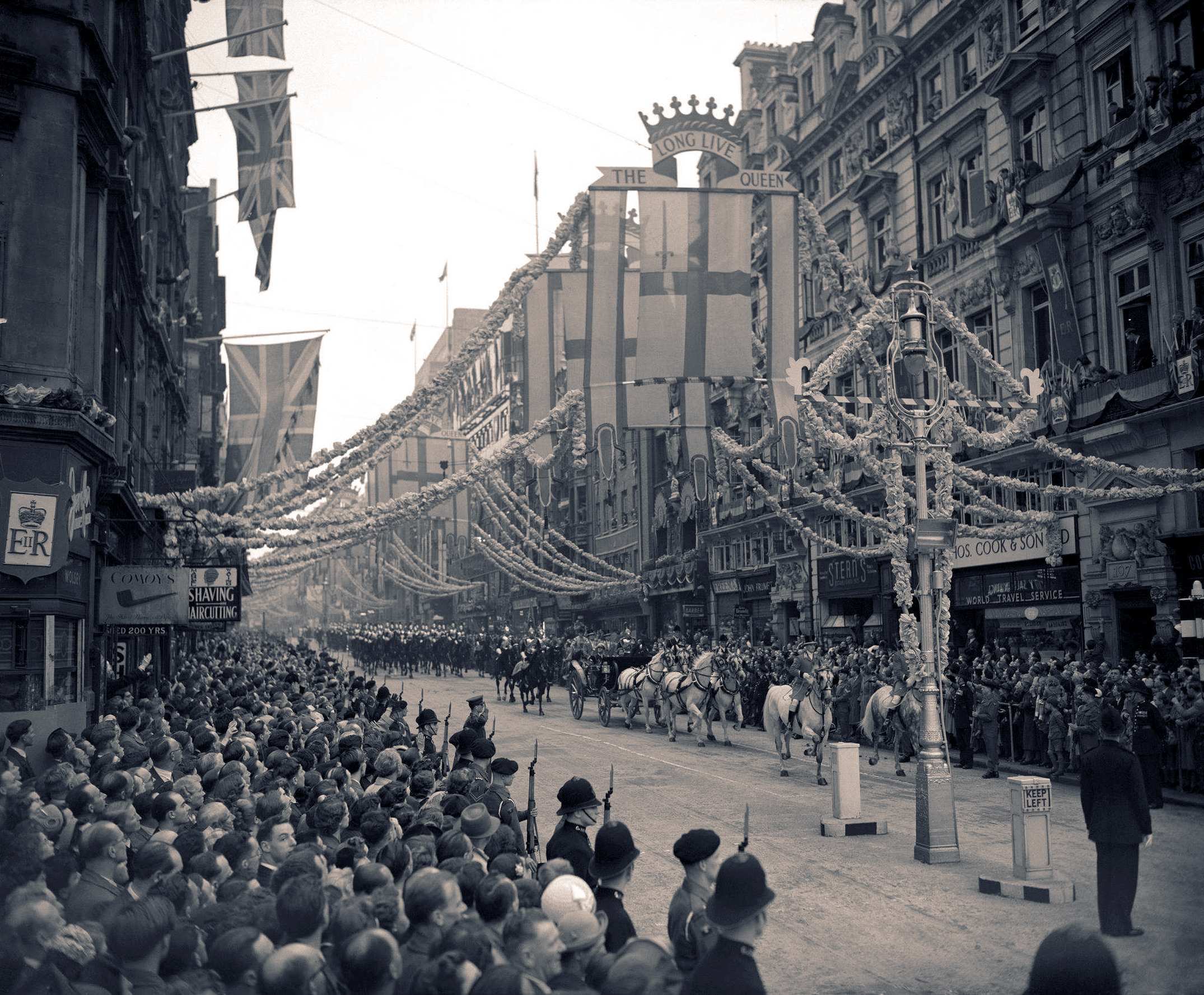 A black and white photo shows crowds in the streets for Elizabeth's coronation in 1953.