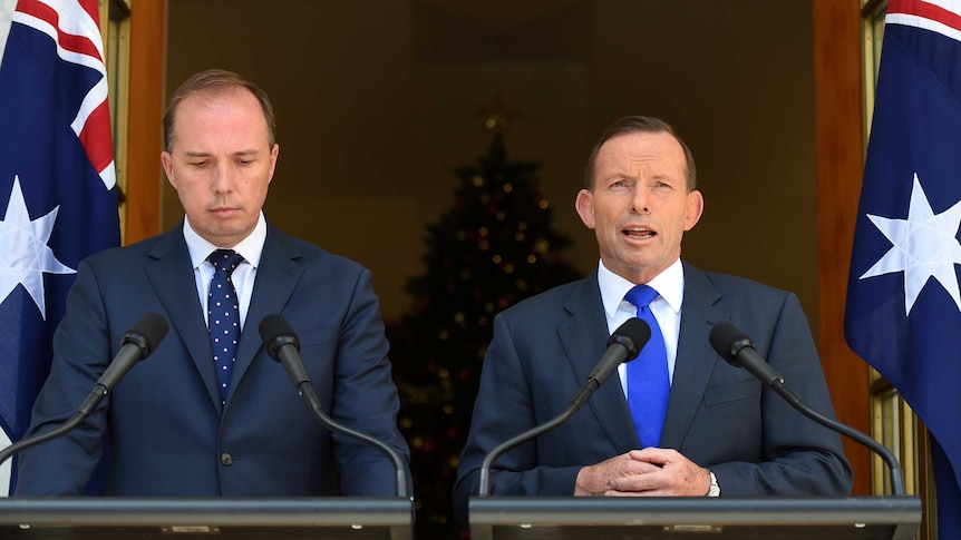 Peter Dutton and Tony Abbott address the media