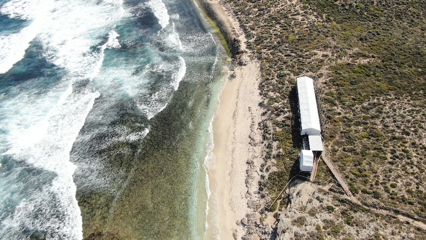 An aerial photograph of the Rottnest Island coast, with blue water and sand dunes with coastal scrub, and white tent.