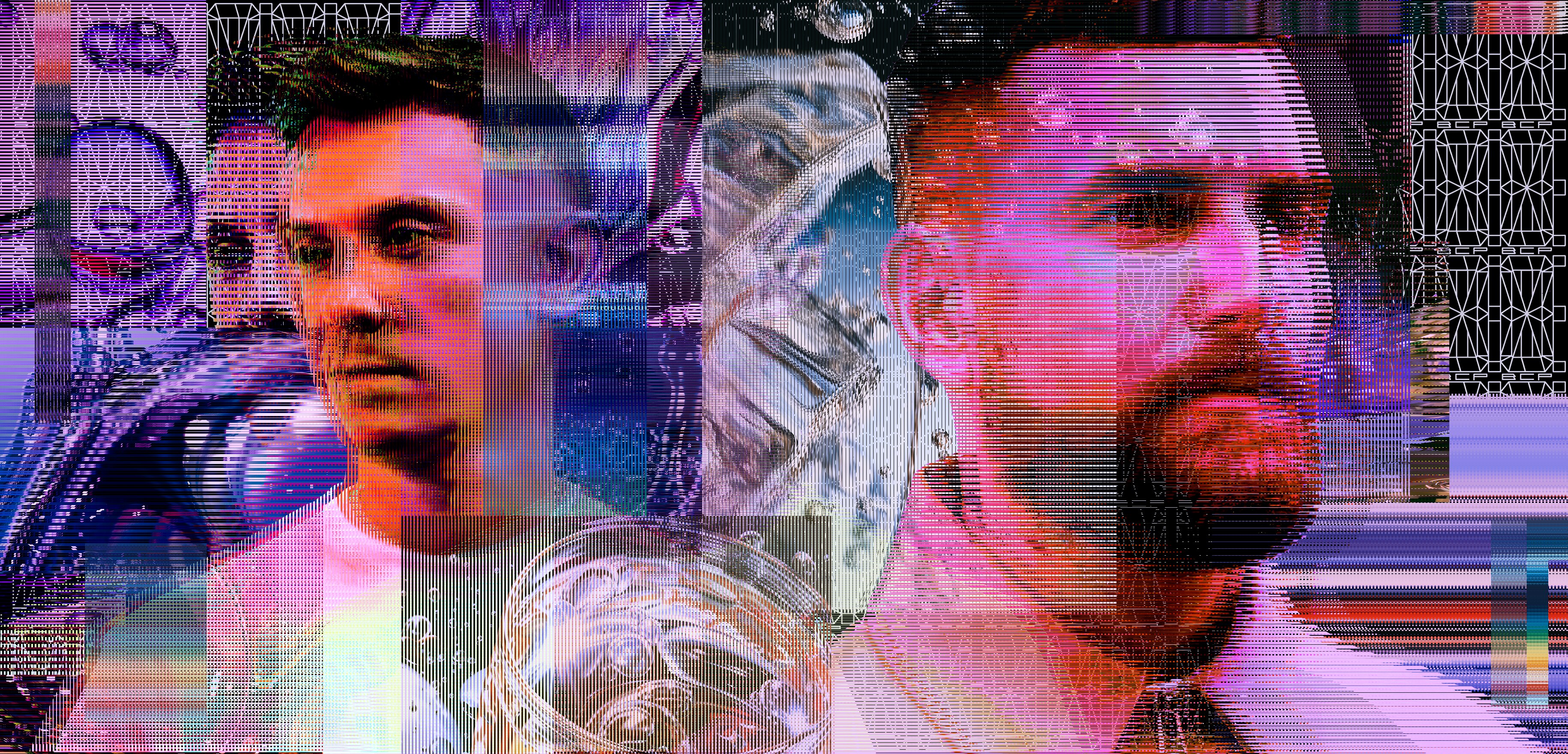 Glitchy black, pink and blue photo of two men facing away from each other