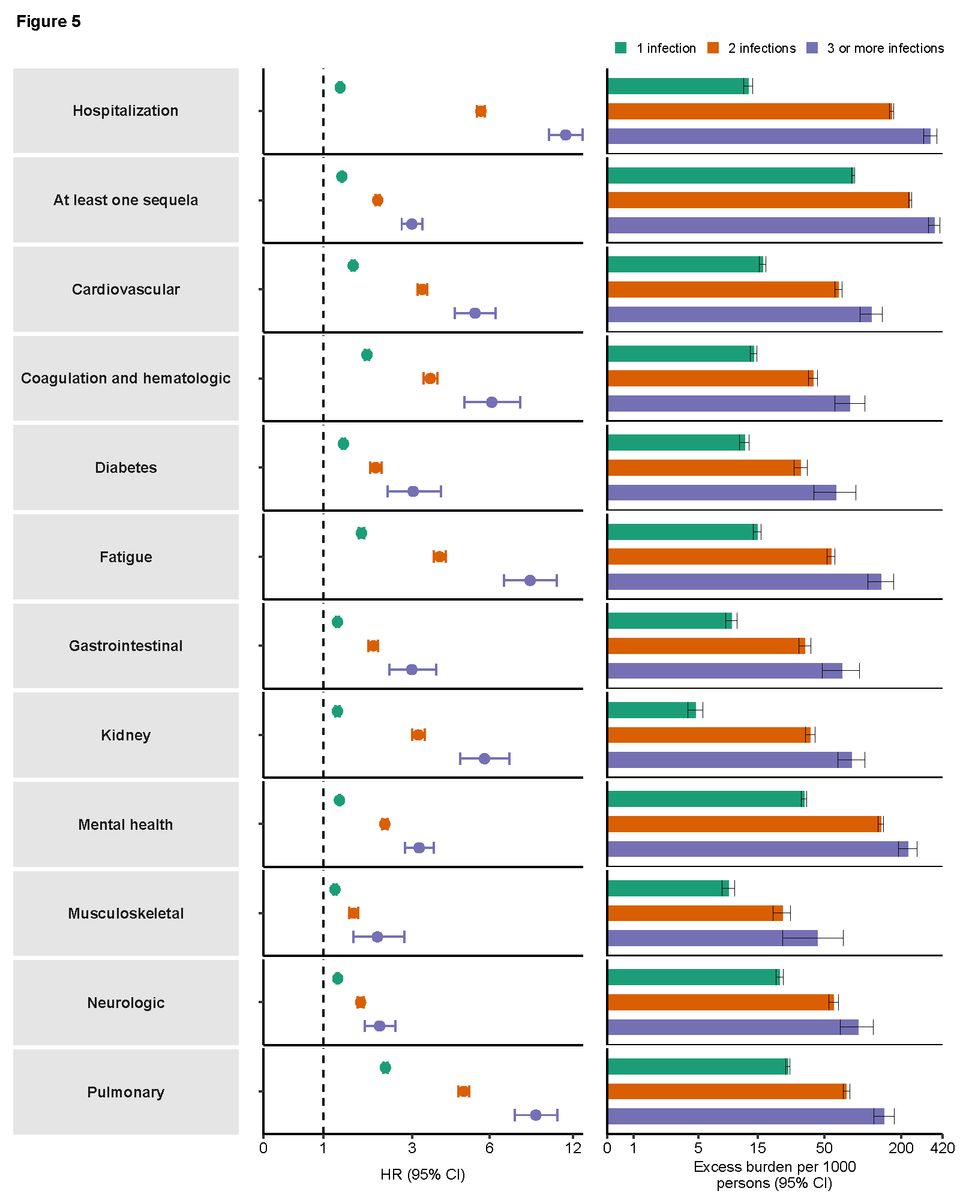 Graph shows risk of different health outcomes after one, two and three infections.