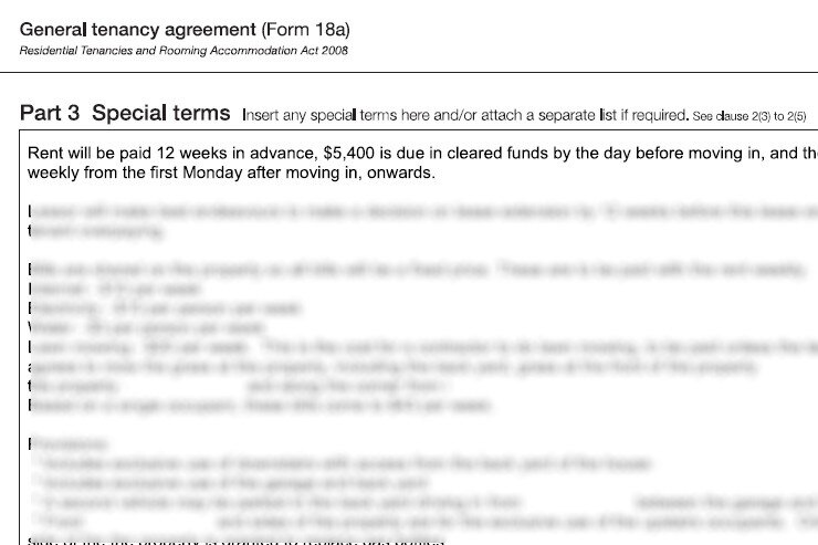 Excerpt from rental lease instructing tenant to pay many weeks of rent in advance