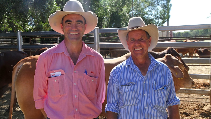 Alice Springs livestock agent, Michael Newman and Andy Hayes from The Garden station at the Artesian Droughtmaster sale.