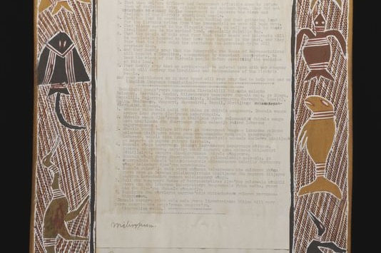Yirrkala bark petition made by the Yolgnu people of Arnhem Land in 1963 to protest against mining on traditional land.