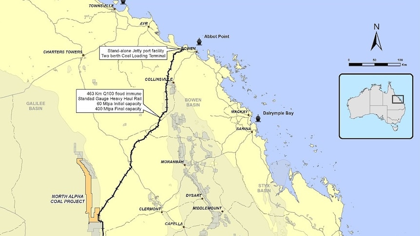 Map of Clive Palmer's Waratah Coal projects, including the North Alpha project and the Galilee Coal project in Qld.