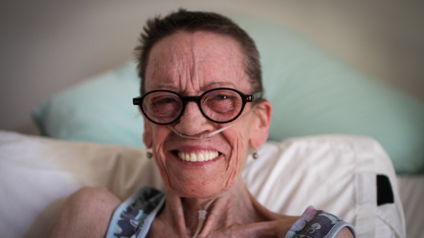A close up photograph of aged care resident Jaci Ayres, 61, from Inglewood in central Victoria.