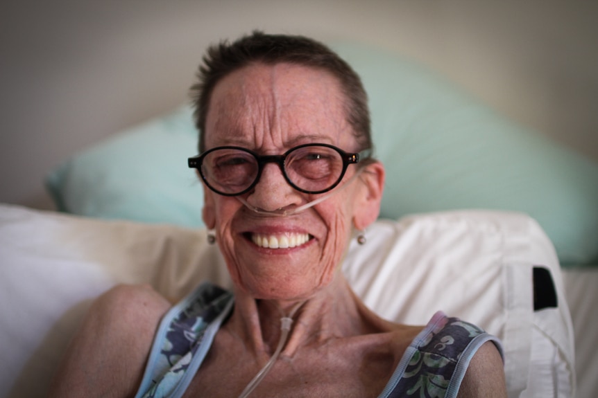 A close up photograph of aged care resident Jaci Ayres, 61, from Inglewood in central Victoria.