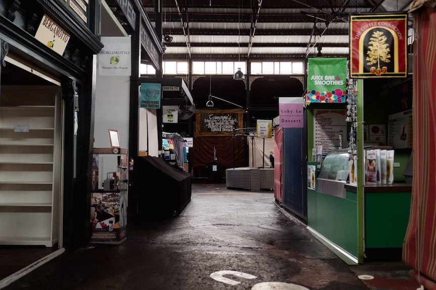 Closed stalls at the Fremantle markets.