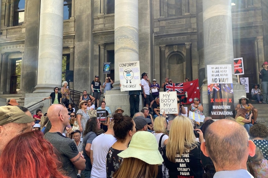 A rally on the steps of SA Parliament opposed to coronavirus vaccinations.