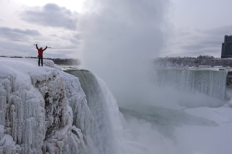 Will Gadd celebrates historic Niagara ice climb