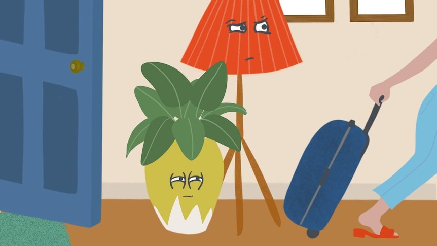 Illustration of a lamp and flower pot with eyes watching someone enter a holiday rental