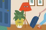 Illustration of a lamp and flower pot with eyes watching someone enter a holiday rental