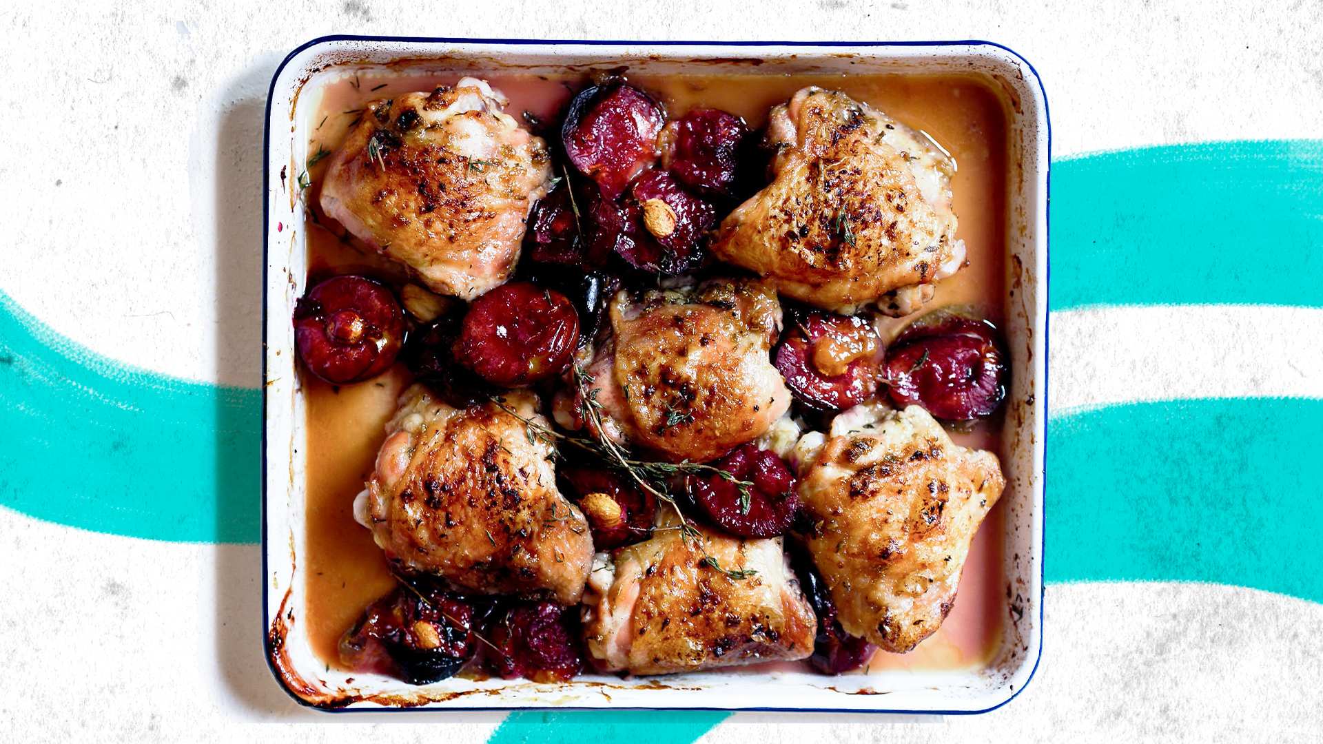 Chicken tray bake with plums, lemon and thyme