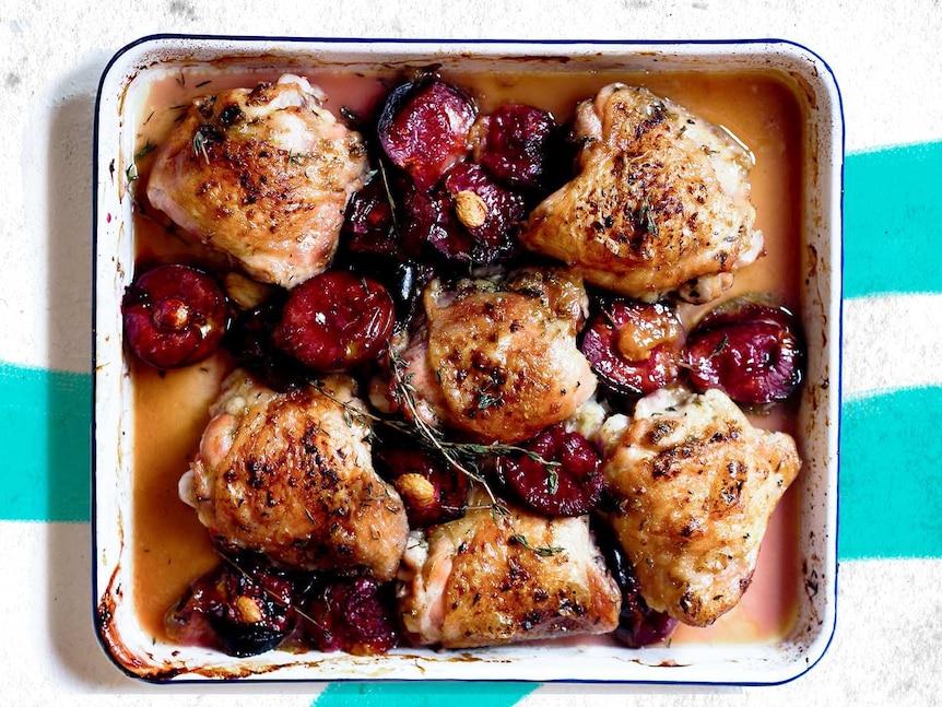 Chicken tray bake with plums, lemon and thyme recipe cooked