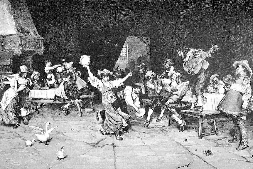 Black and white old painting or drawing of people dancing on stone floor and on tables, holding instruments and jugs.