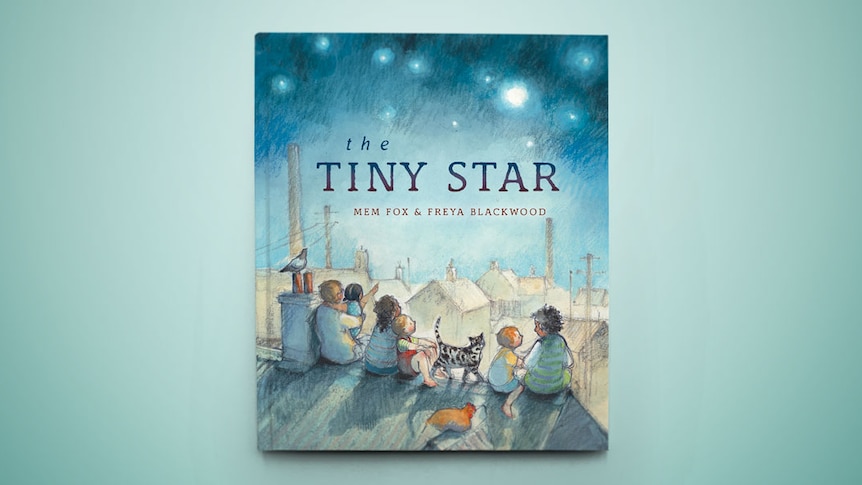 Cover of children's book The Tiny Star, shows children sitting on a roof looking up at the starry sky