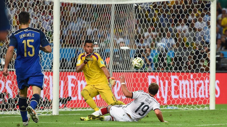 Germany's Mario Goetze scores against Argentina in the World Cup final.