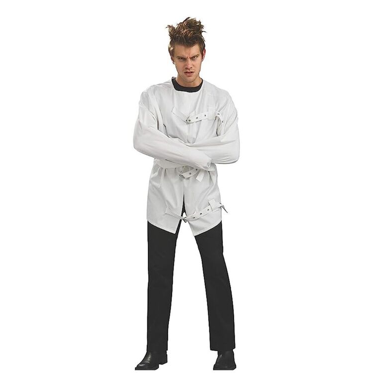 A costume of a man wearing a white straitjacket