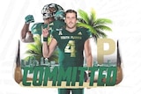 Man dressed in green American football uniform with the word committed superimposed.