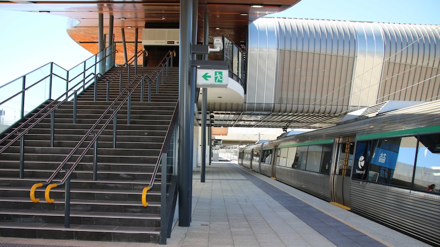 A train waiting at the new Perth Stadium station.