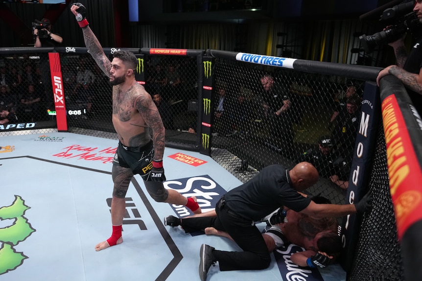 A man celebrates a knockout victory in a UFC fight