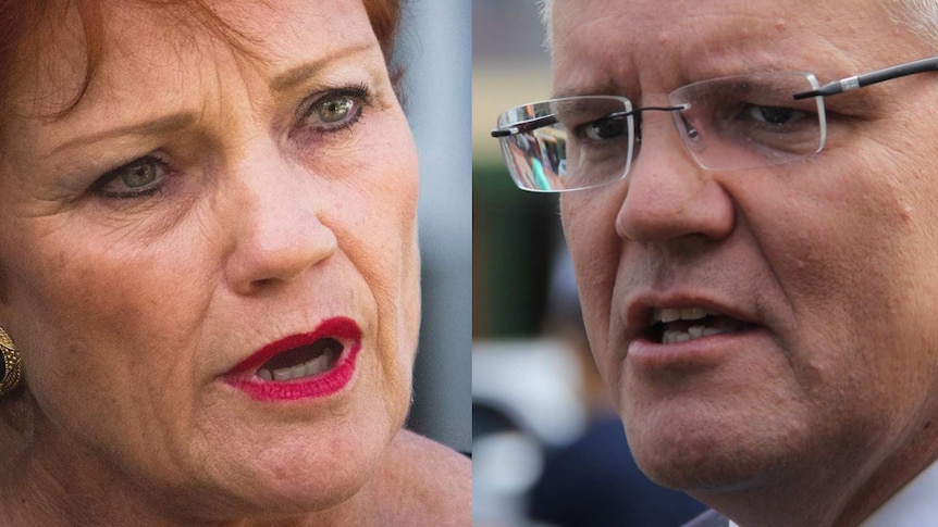 A composite image of Pauline Hanson and Scott Morrison.