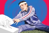 A woman in exercise tracksuit reaches for a box of tissues raising the question whether she should be exercising with a cold?