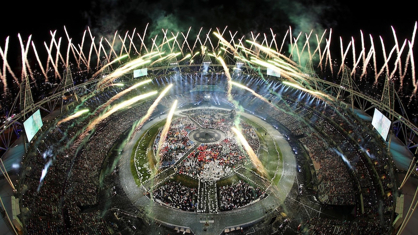 Fireworks go off after the athletes have entered the Olympic Stadium during the opening ceremony.