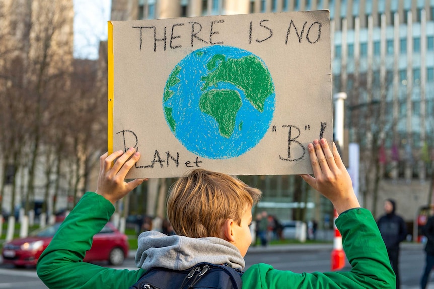 A child holds a sign that reads 'There is no Planet B' at the 'Global Strike for Future Belgium' march.