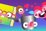 Illustration of book, saucepan with wooden spoon, and love heart, for a story about finding time to enjoy interests and fun
