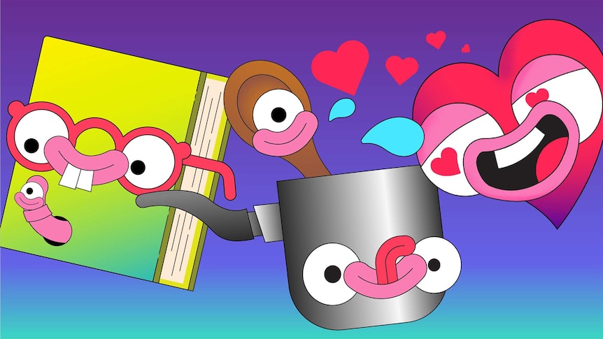 Illustration of book, saucepan with wooden spoon, and love heart, for a story about finding time to enjoy interests and fun