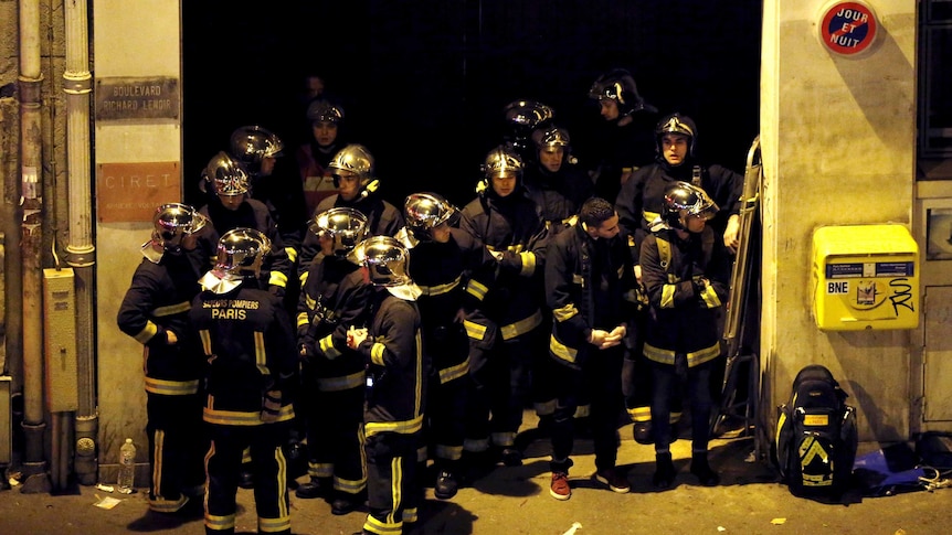 French fire brigade members near the Bataclan concert hall, in Paris.