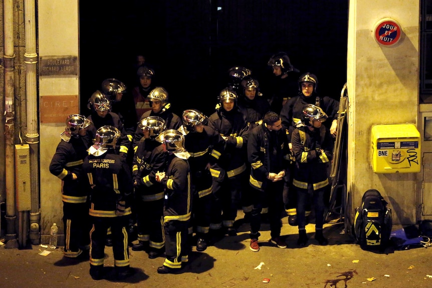 French fire brigade members near the Bataclan concert hall, in Paris.