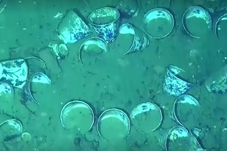 Blue and white plates and bowls are shown half-buried in mud at the bottom of the sea