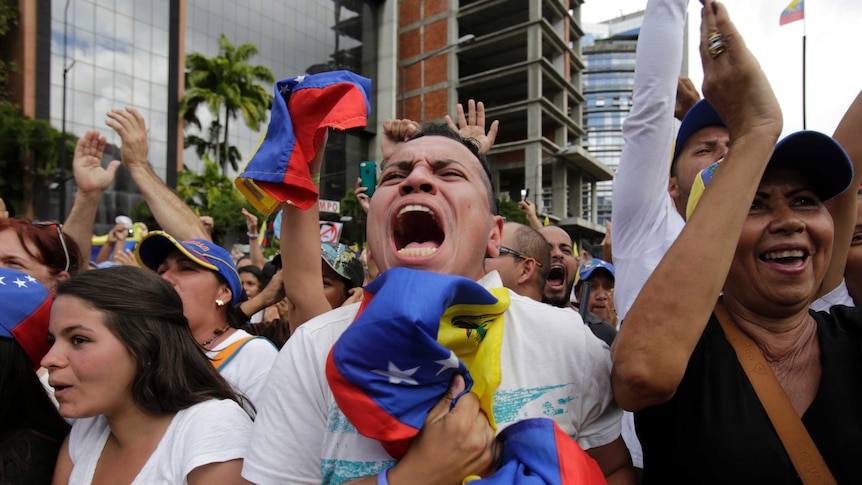 Anti-government protesters cheer as Juan Guaido, head of Venezuela's opposition-run congress, declares himself interim president