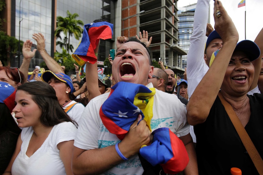 Anti-government protesters cheer as Juan Guaido, head of Venezuela's opposition-run congress, declares himself interim president